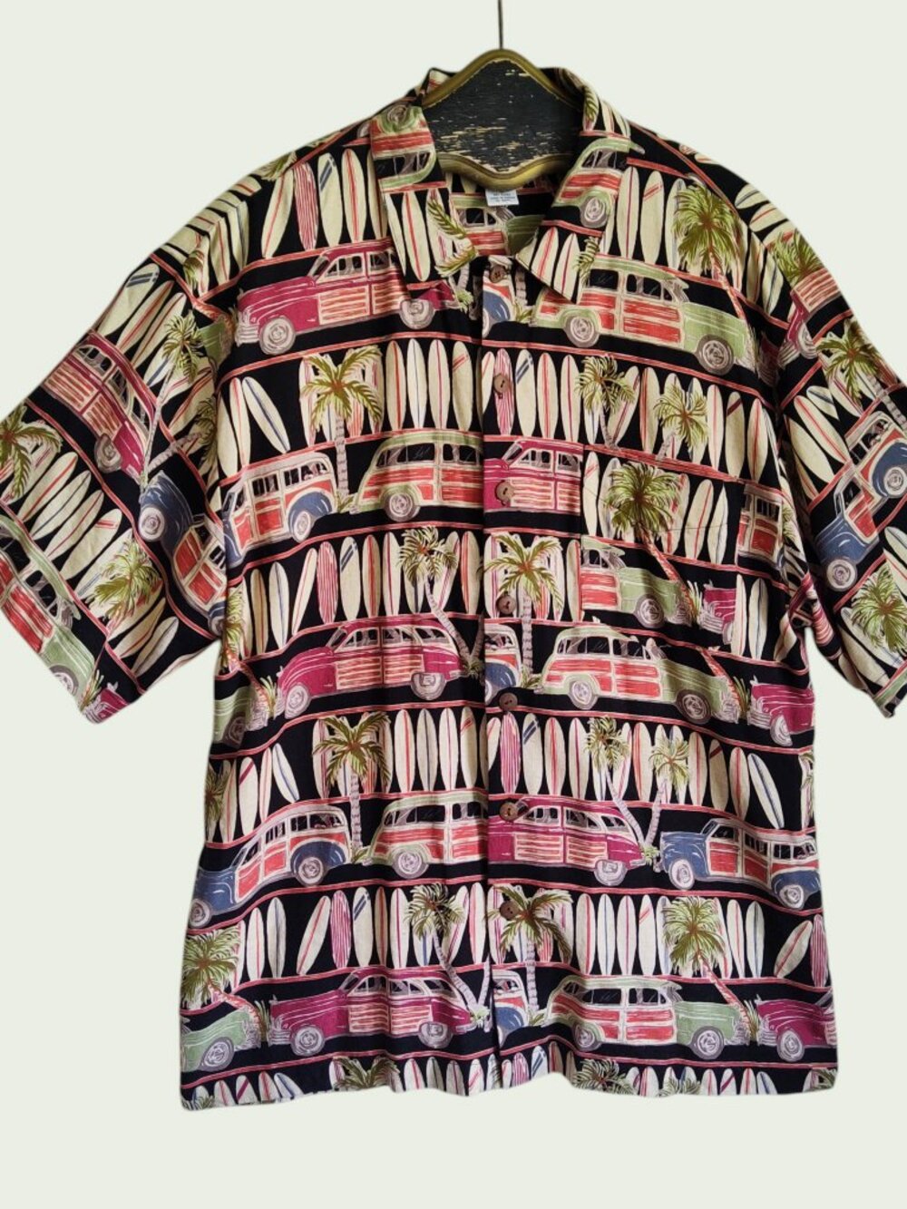 Vintage Weekend Traffic Hawaiian Camp Shirt Retro Woody Surfboard Rayon Linen XL
